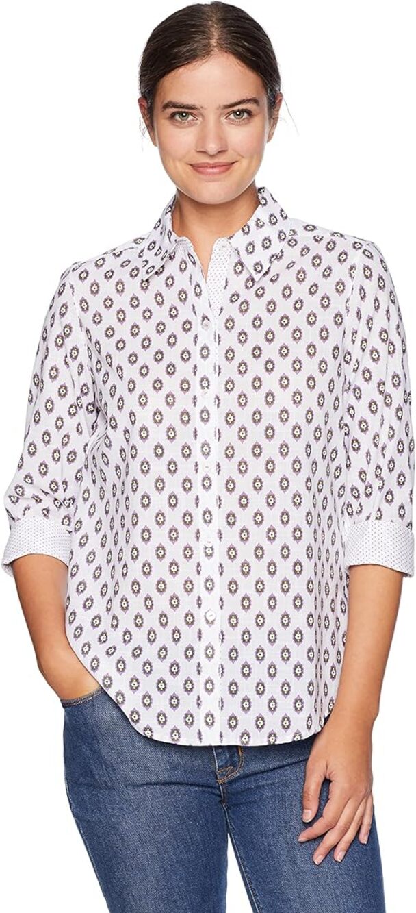 Foxcroft Ava Ikat Dot Shirt Women 24W White Purple Button Down Plus
